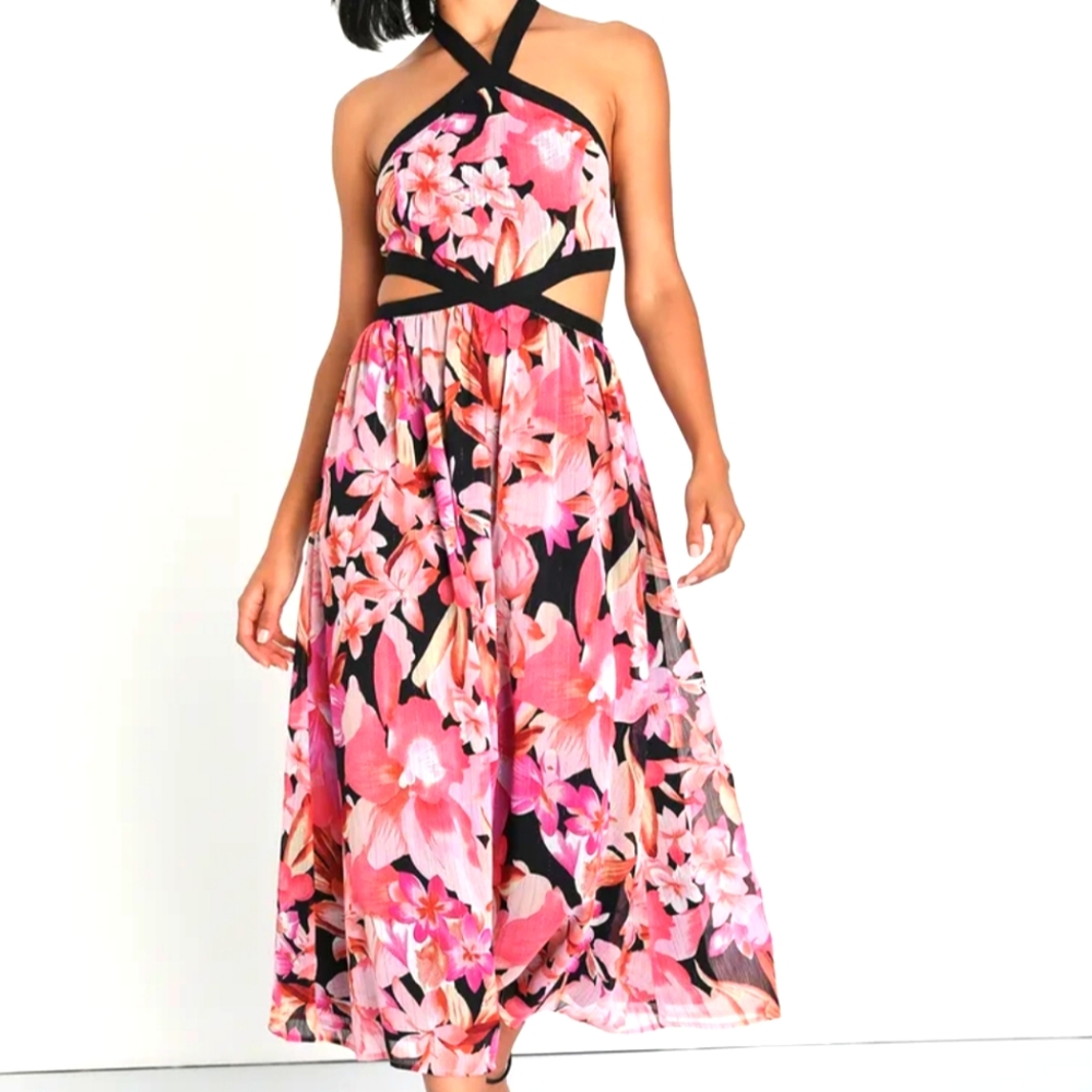 Pink Floral Cutout Halter Midi Dress